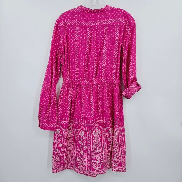 Anthropologie Meadow Rue Shirtdress 8 Pink White Anila Long Roll Tab Sleeve Boho - Picture 12 of 14